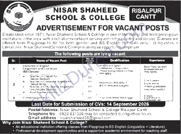 Nisar Shaheed School and College Risalpur Cantt Jobs 2026 — Teaching, Non-Teaching — Official Newspaper Advertisement | SkillzDunya