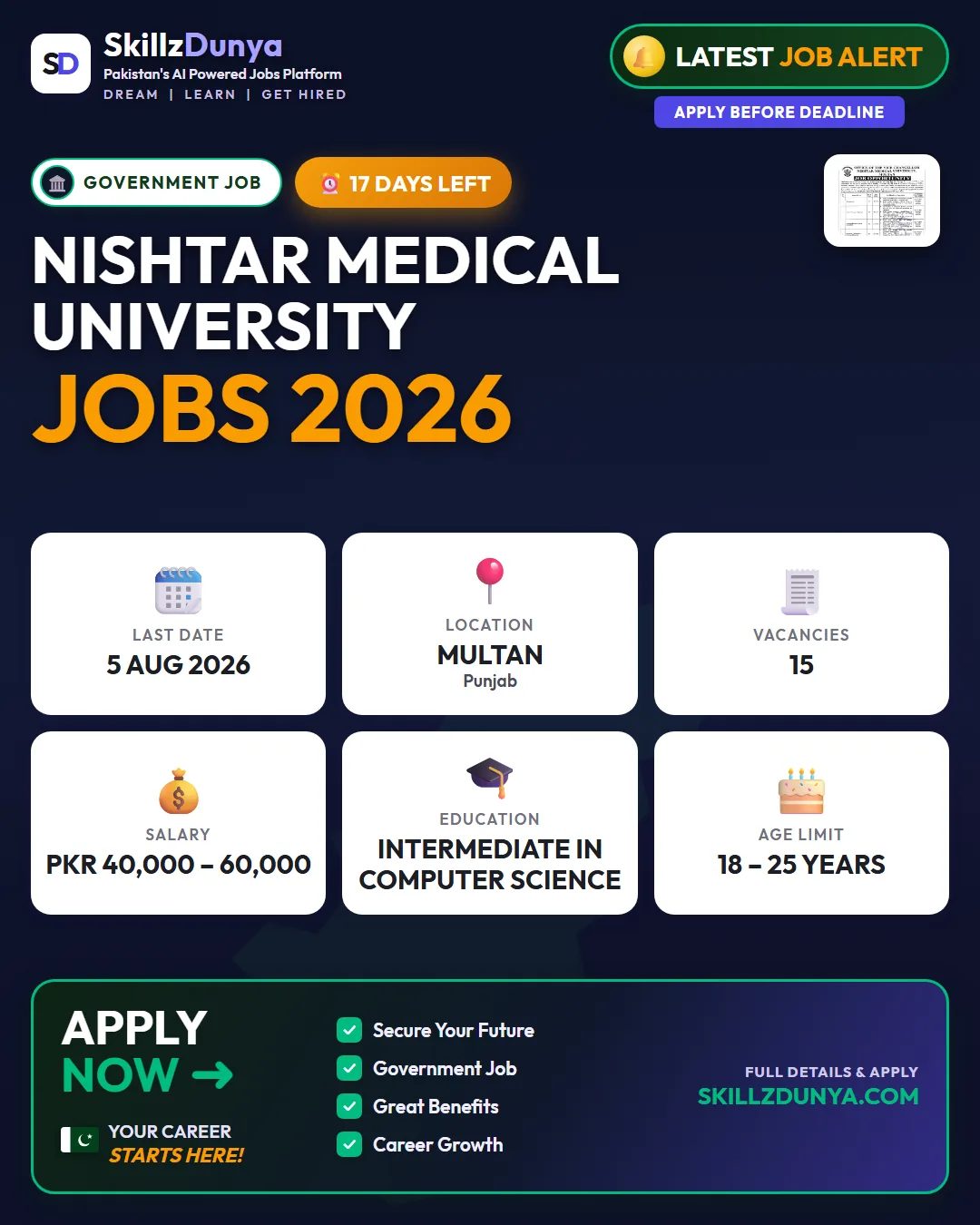 Nishtar Medical University — Nishtar Medical University Jobs 2026 — Junior Computer Operator, Foreman Electro-Medical Equipment, Receptionist Pakistan