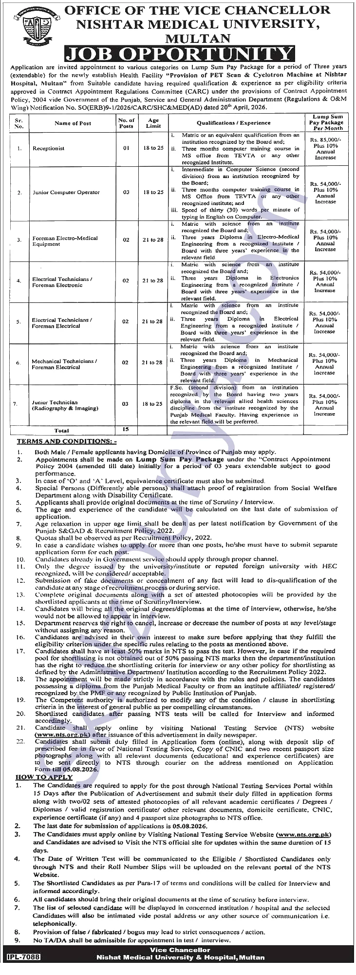 Nishtar Medical University Jobs 2026 — Junior Computer Operator, Foreman Electro-Medical Equipment, Receptionist — Official Newspaper Advertisement | SkillzDunya