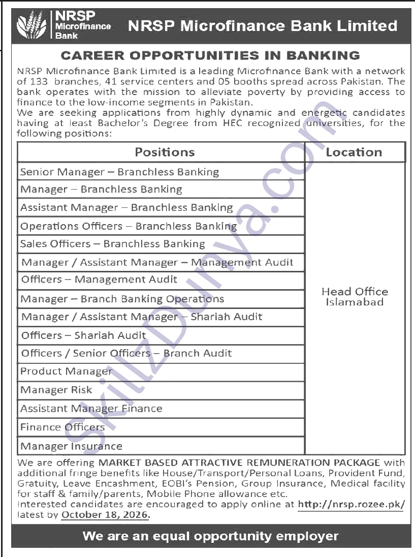NRSP Microfinance Bank Limited (NRSPMFB) Islamabad Jobs 2026 — Senior Manager - Branchless Banking, Manager - Branchless Banking & 11 More Posts — Official Newspaper Advertisement | SkillzDunya
