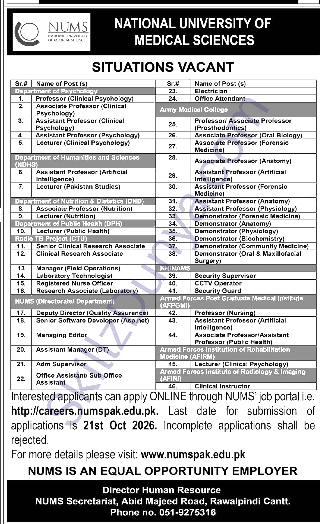 NUMS — National University of Medical Sciences (NUMS) Rawalpindi Jobs 2026 — Professor (Clinical Psychology), Assistant Professor (Psychology) & 35 More Posts Pakistan