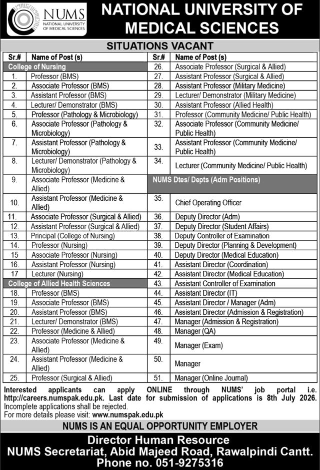 NUMS University Jobs 2026 2026 — Official Newspaper Advertisement | SkillzDunya