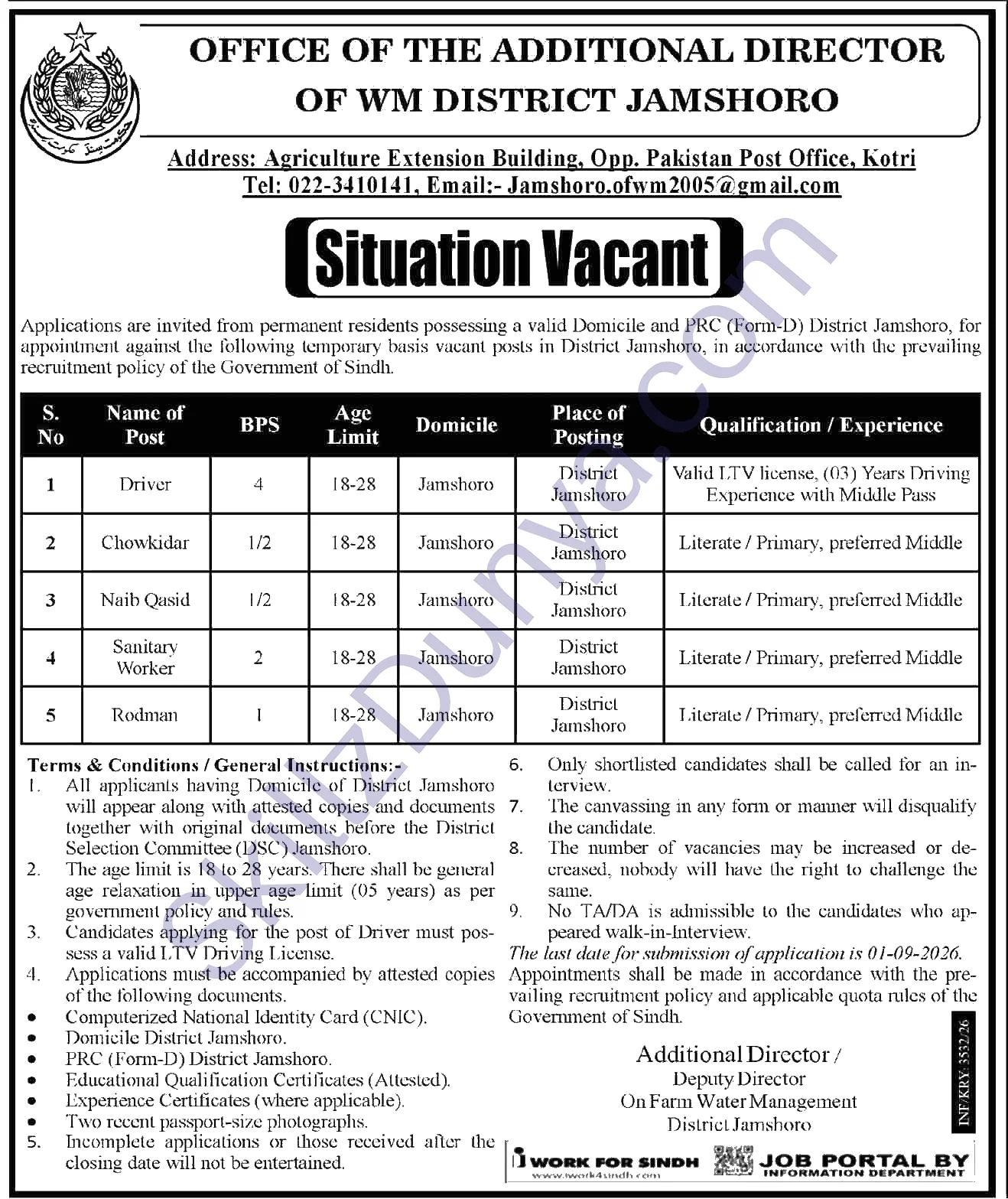On Farm Water Management OFWM District Jobs 2026 — Drivers, Naib Qasid, Chowkidar — Official Newspaper Advertisement | SkillzDunya