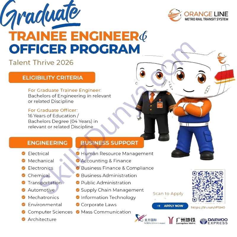 Orange Line Metro Rail Transit System — Orange Line Metro Rail Transit System Jobs 2026 — Graduate Trainee Engineer, Officer Program Pakistan