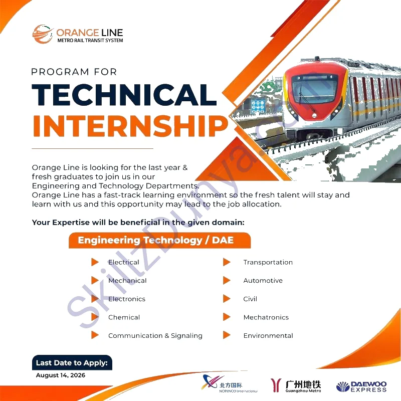Orange Line Metro Rail Transit System — Orange Line Metro Rail Transit System Technical Internship Program Jobs 2026 — Electrical, Mechanical & 8 More Posts Pakistan
