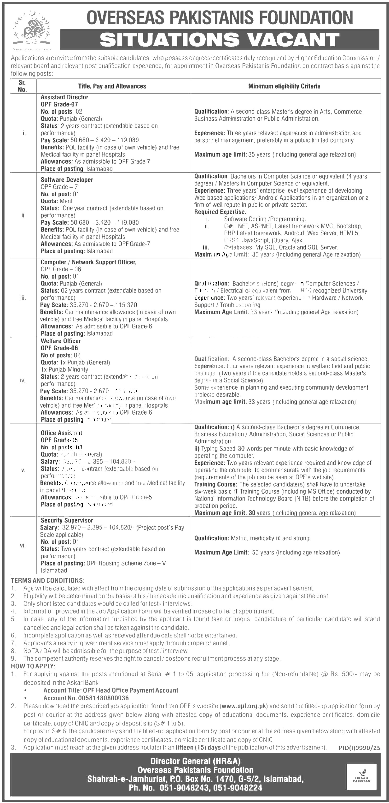 Overseas Pakistanis Foundation (OPF) Jobs 2026 — Office Assistant, Assistant Director, Welfare Officer 2026 — Official Newspaper Advertisement | SkillzDunya