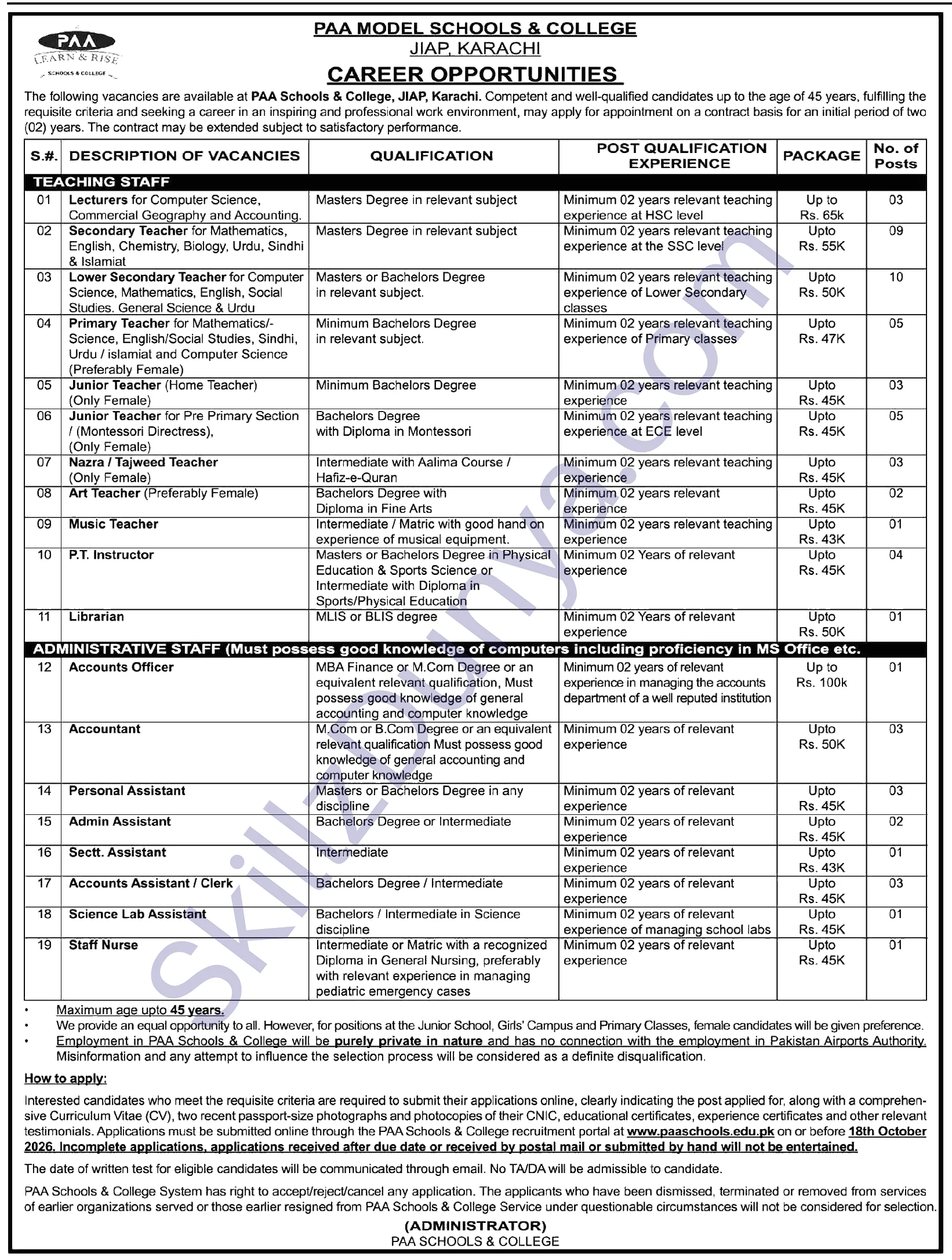 Paa Model Schools College Jiap Karachi — PAA Model Schools & College JIAP Karachi Jobs 2026 — P.T. Instructor, Nazra / Tajweed Teacher (Only Female) & 11 More Posts Pakistan