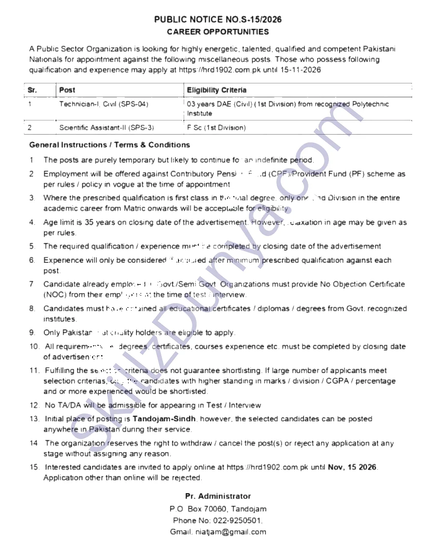 Public Sector PO Box 70060 Tandojam Jobs 2026 — Technician-I, Civil, Scientific Assistant-II — Official Newspaper Advertisement | SkillzDunya