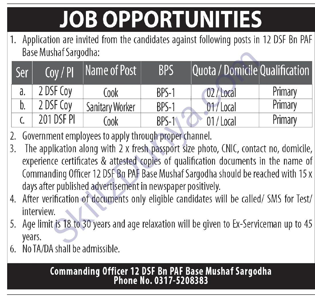 (PAF) Jobs 2026 — Cooks, Sanitary Worker — Official Newspaper Advertisement | SkillzDunya