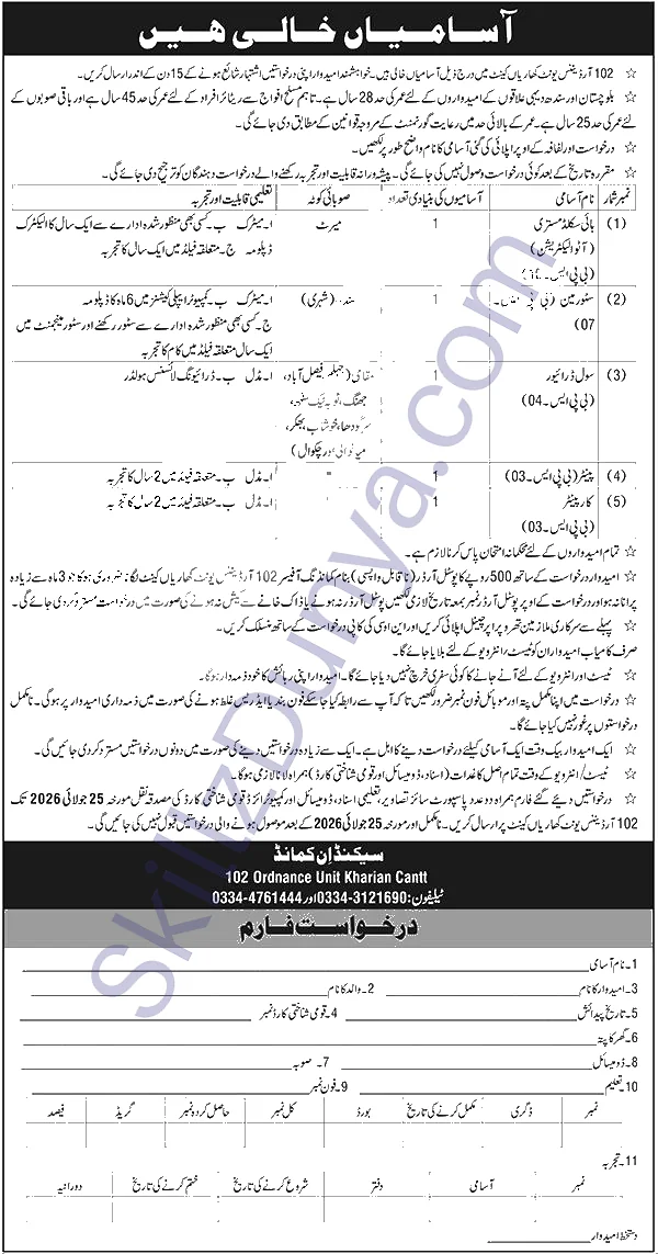 Pak Army Kharian Jobs 2026 — Draftsman, Sanitary Patrol & 3 More Posts — Official Newspaper Advertisement | SkillzDunya