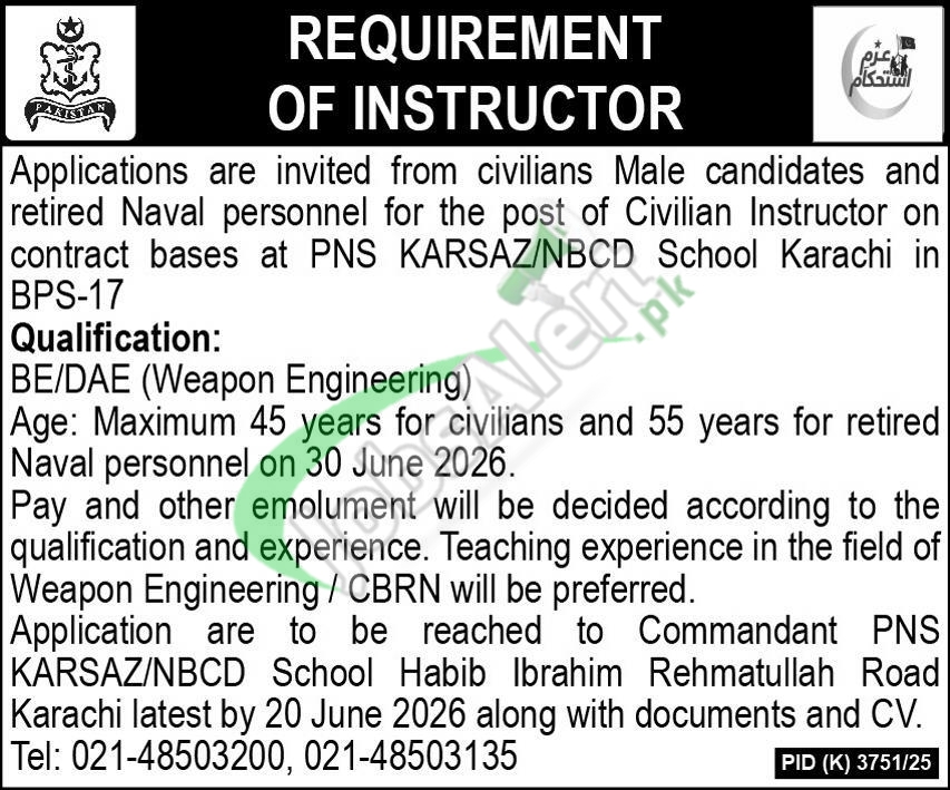 Pak Navy Civilian Instructor Jobs 2026 - PNS Karsaz NBCD School — Official Newspaper Advertisement | SkillzDunya