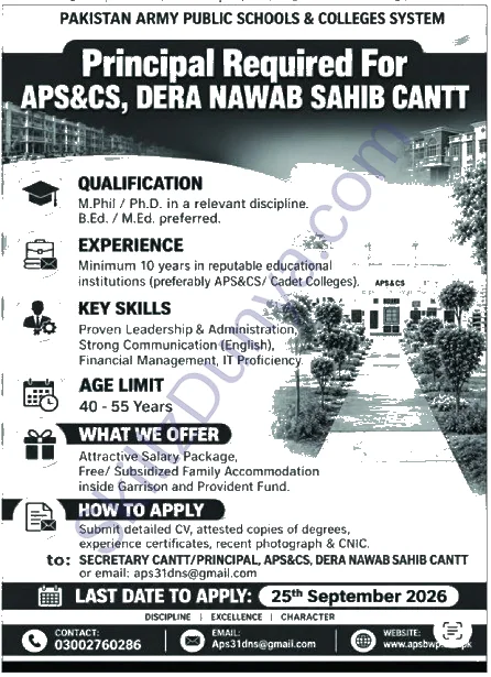 Pakistan Army Dera Nawab Sahib Cantt Jobs 2026 — Principal — Official Newspaper Advertisement | SkillzDunya
