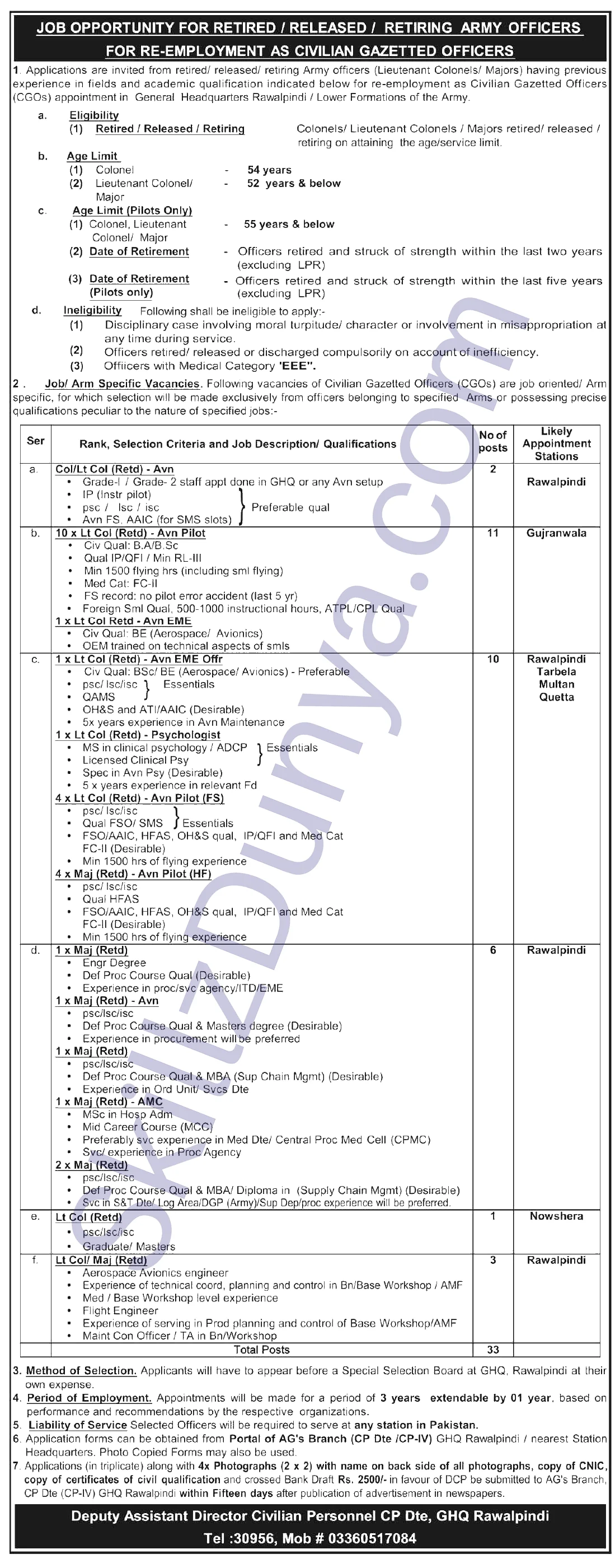Pakistan Army Rawalpindi Jobs 2026 — 10 x Lt Col (Retd) - Avn Pilot, 1 x Lt Col Retd - Avn EME Offr & 8 More Posts — Official Newspaper Advertisement | SkillzDunya