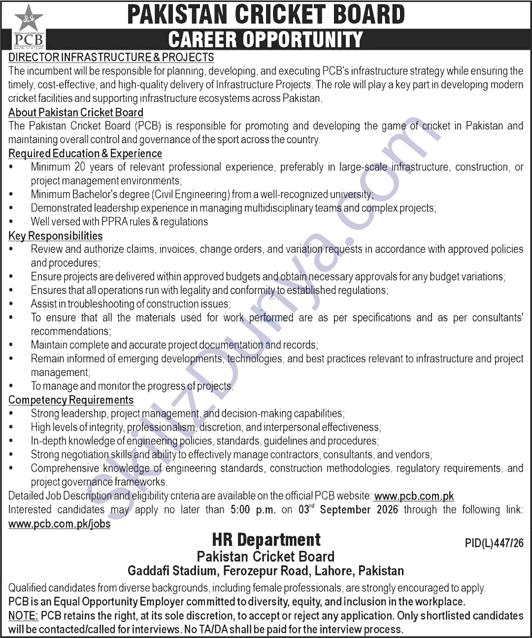 Pakistan Cricket Board (PCB) Jobs 2026 — Director Infrastructure, Projects — Official Newspaper Advertisement | SkillzDunya