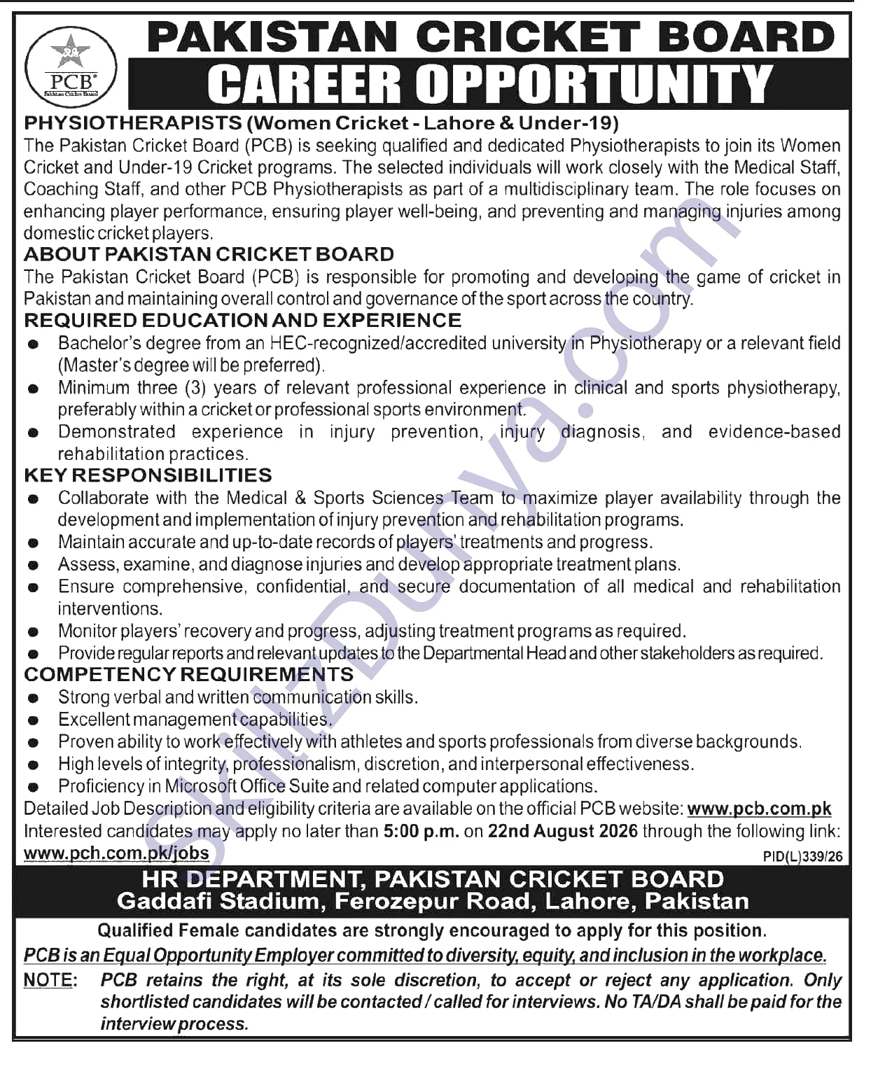 Pakistan Cricket Board (PCB) Jobs 2026 — Physiotherapists — Official Newspaper Advertisement | SkillzDunya