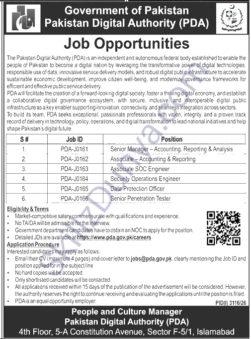 Pakistan Digital Authority — Pakistan Digital Authority (PDA) Islamabad Jobs 2026 — Associate – Accounting & Reporting, Associate SOC Engineer & 3 More Posts Pakistan