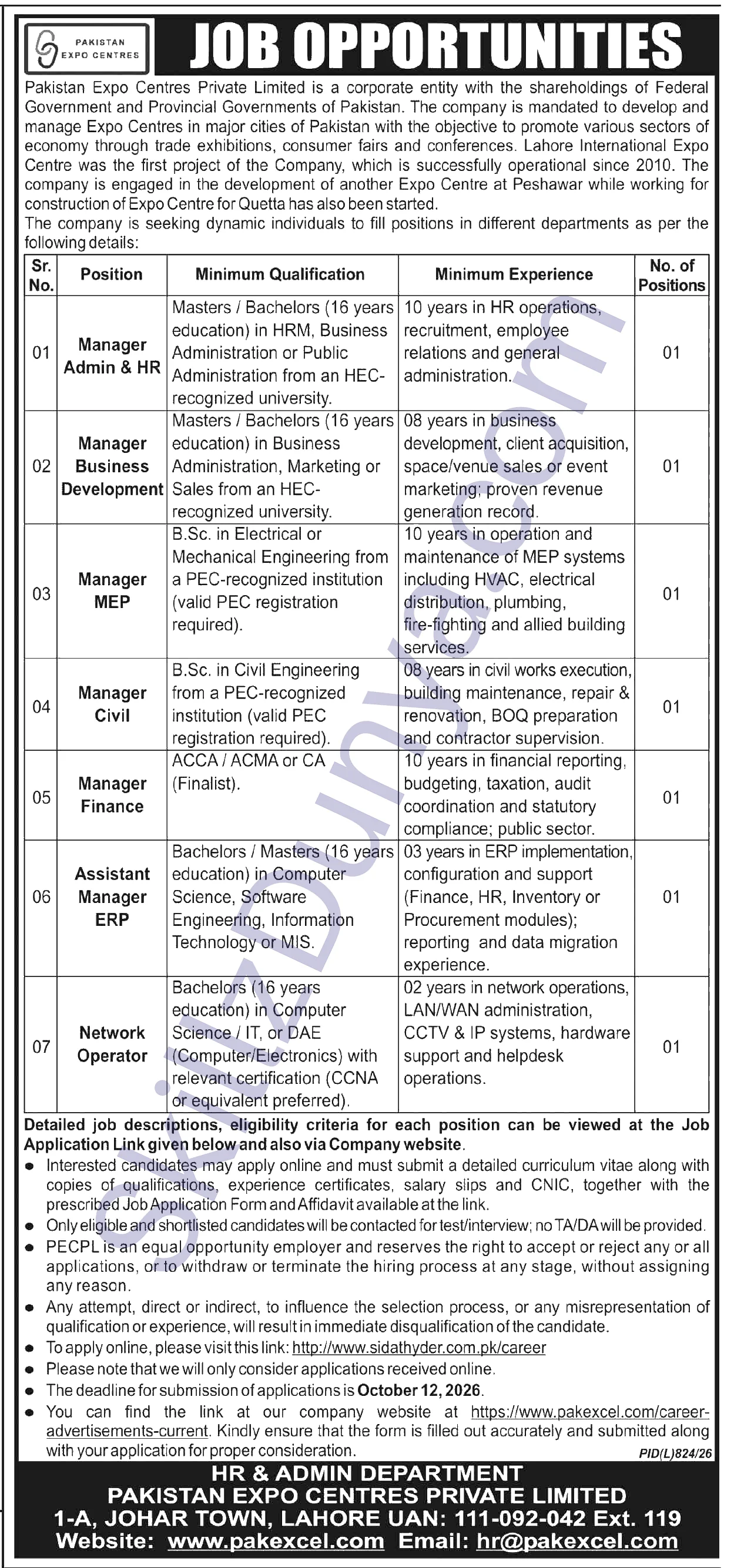 Pakistan Expo Centres Private Ltd — Pakistan Expo Centres Private Ltd Lahore Jobs 2026 — Manager Admin & HR, Manager Business Development & 5 More Posts Pakistan