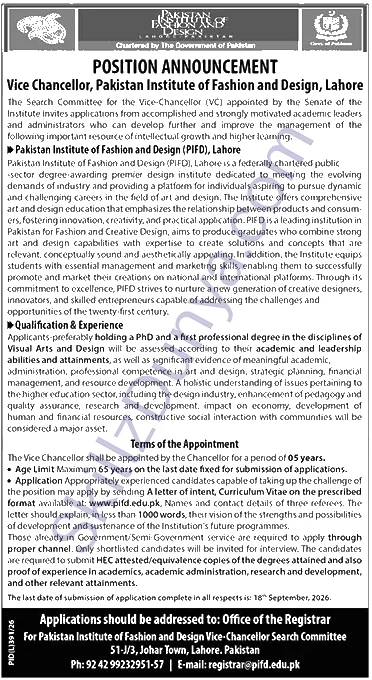 Pakistan Institute of Fashion and Design PIFD Jobs 2026 — Official Newspaper Advertisement | SkillzDunya
