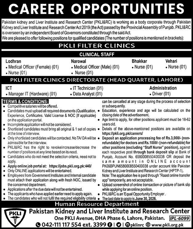 Pakistan Kidney And Liver Institute And Research Center — Pakistan Kidney and Liver Institute and Research Center Jobs 2026 — Medical Officer (Female), Nurse, Medical Officer (Male) Pakistan