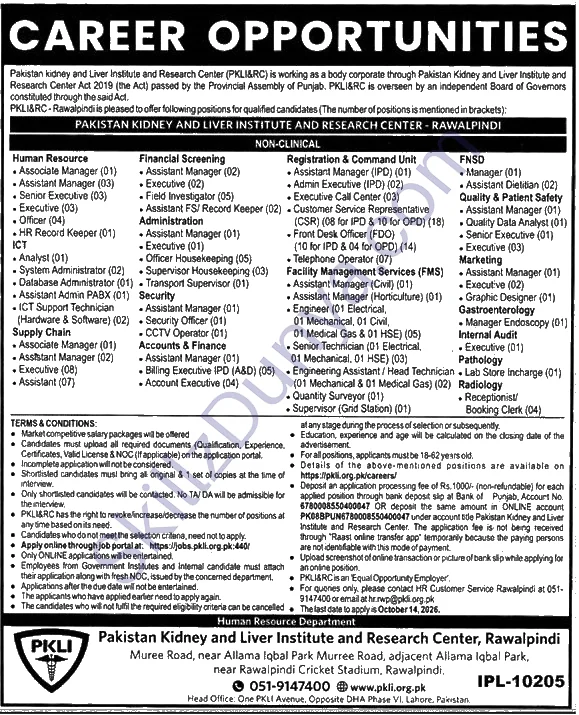 Pakistan Kidney And Liver Institute And Research Center — Pakistan Kidney and Liver Institute and Research Center Rawalpindi Jobs 2026 — Executive (Supply Chain), Assistant (Supply Chain) & 40 More Posts Pakistan