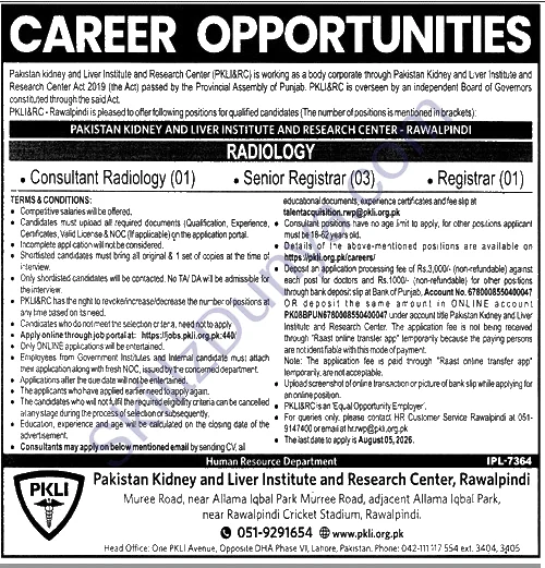 Pakistan Kidney And Liver Institute And Research Center — Pakistan Kidney and Liver Institute and Research Center Rawalpindi Jobs 2026 — Senior Registrar, Consultant Radiology, Registrar Pakistan