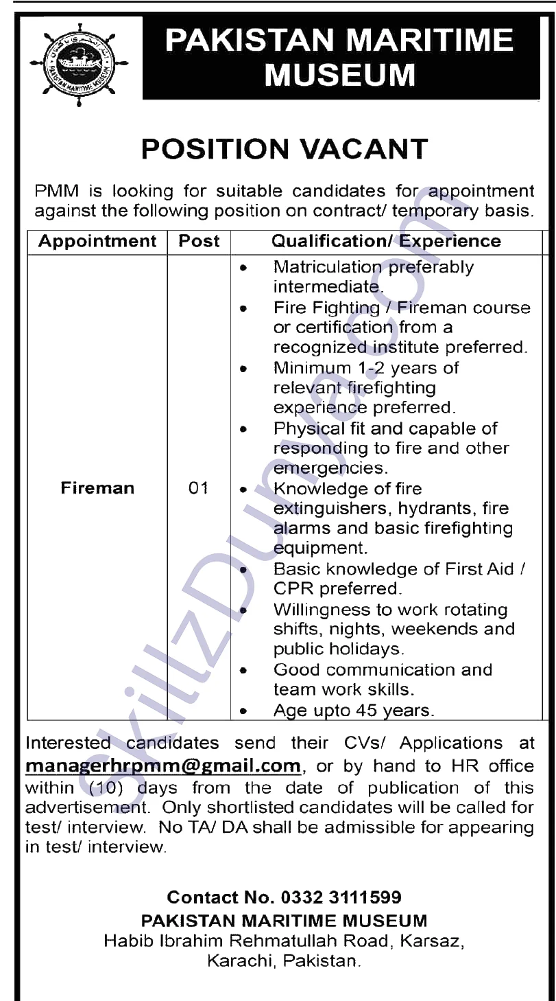 Pakistan Maritime Museum Karachi — Pakistan Maritime Museum Karachi Jobs 2026 — Fireman Pakistan