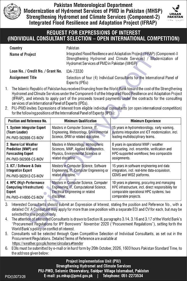 Pakistan Meteorological Department — Pakistan Meteorological Department Islamabad Jobs 2026 — System Integrator Expert (Team Leader), ICT / Software & Data Integration Expert Pakistan
