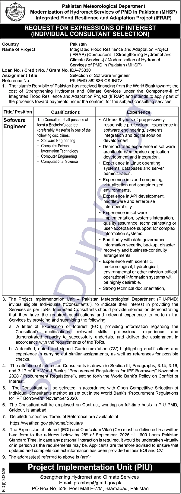 Pakistan Meteorological Department Jobs 2026 — Integrated Flood Resilience, Adaptation Project (IFRAP) — Official Newspaper Advertisement | SkillzDunya
