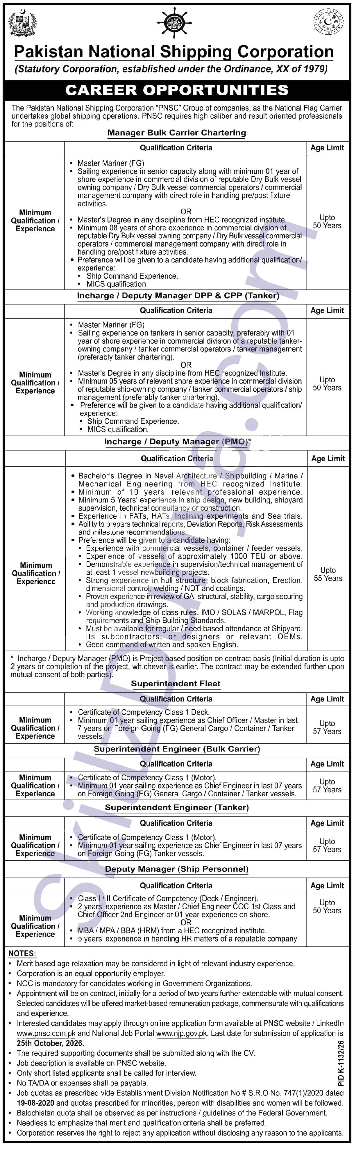 Pakistan National Shipping Corporation (PNSC) Karachi Jobs 2026 — Manager Bulk Carrier Chartering, Incharge / Deputy Manager (PMO) & 4 More Posts — Official Newspaper Advertisement | SkillzDunya