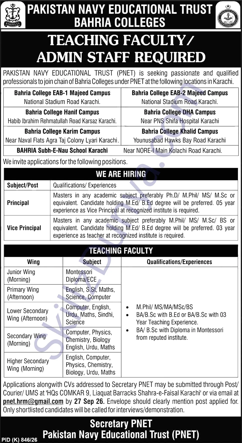 Pakistan Navy Jobs 2026 — Teaching Faculty, PNET Bahria Colleges — Official Newspaper Advertisement | SkillzDunya