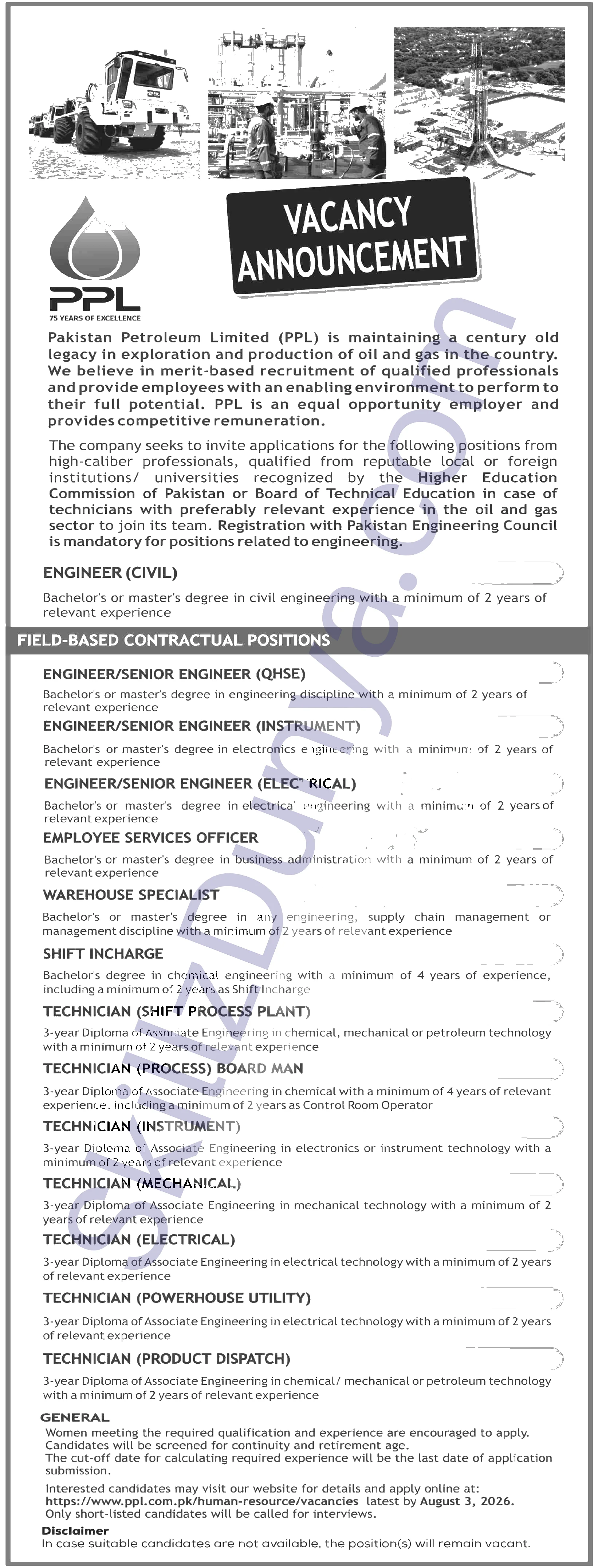 Pakistan Petroleum Limited (PPL) Karachi Jobs 2026 — ENGINEER (CIVIL), ENGINEER/SENIOR ENGINEER (QHSE) & 12 More Posts — Official Newspaper Advertisement | SkillzDunya