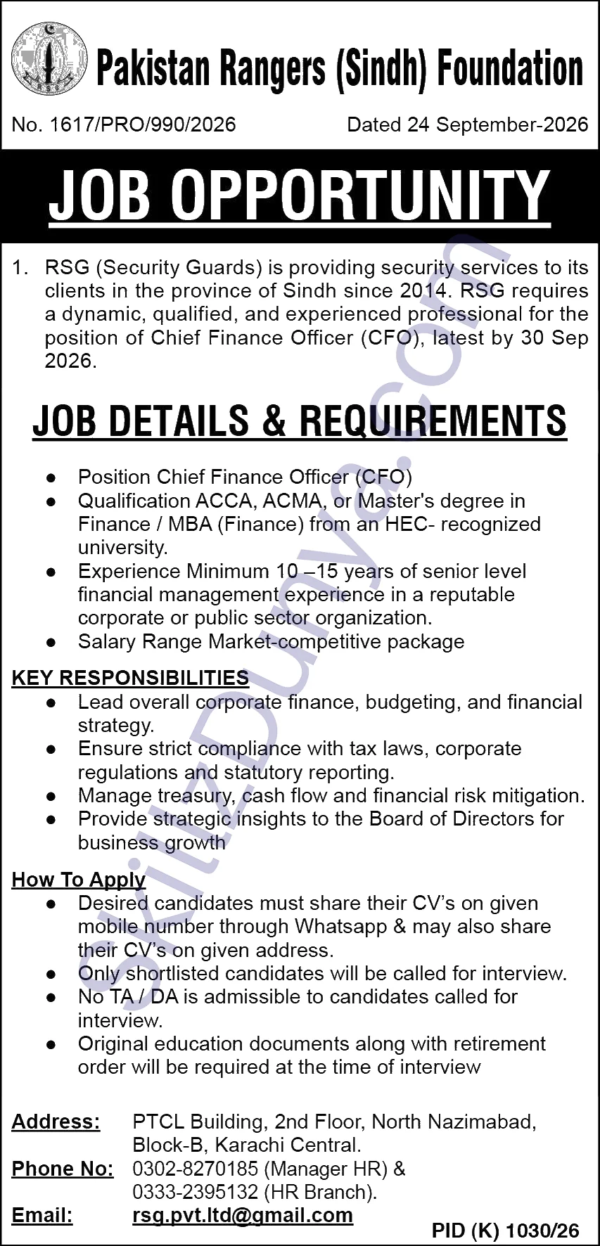 Pakistan Rangers Karachi Jobs 2026 — Chief Finance Officer (CFO) — Official Newspaper Advertisement | SkillzDunya