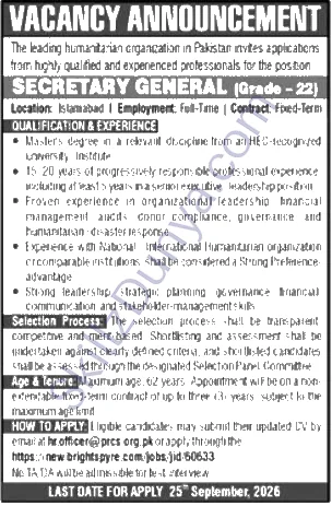Pakistan Red Crescent Society Prcs Islamabad — Pakistan Red Crescent Society PRCS Islamabad Jobs 2026 — Secretary General Pakistan