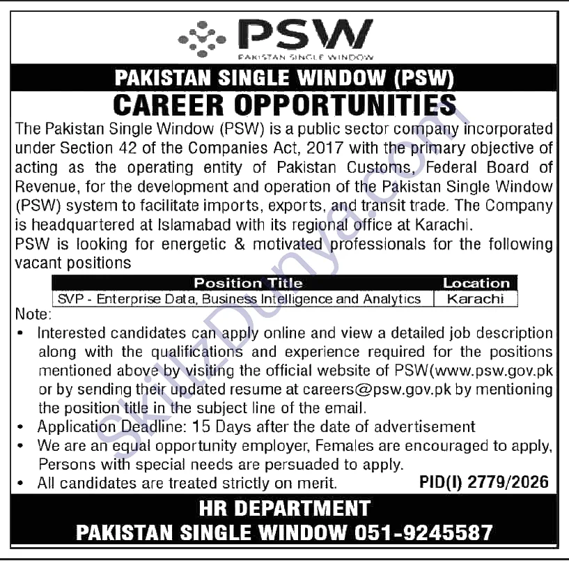 Pakistan Single Window Psw — Pakistan Single Window PSW Karachi Jobs 2026 Pakistan