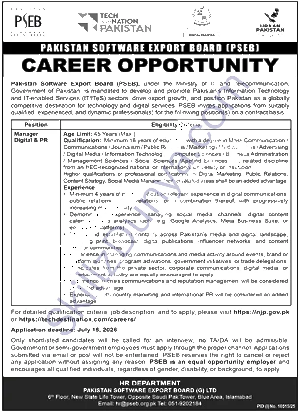 Pakistan Software Export Board (PSEB) Islamabad Jobs 2026 — Manager Digital & PR — Official Newspaper Advertisement | SkillzDunya