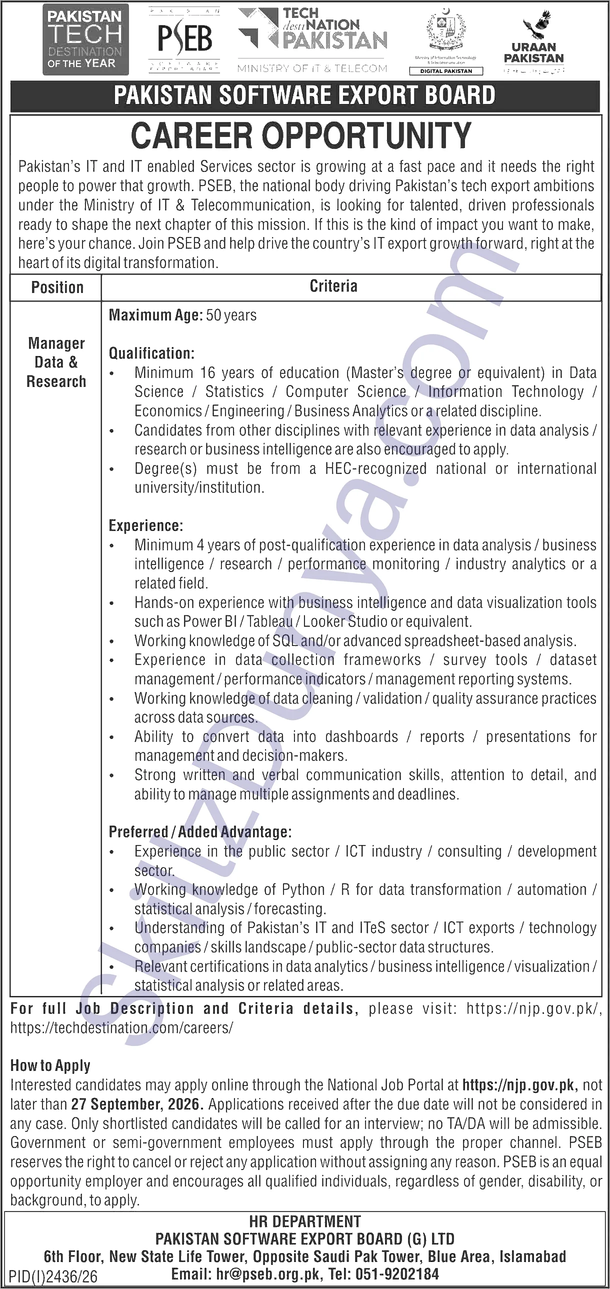 Pakistan Software Export Board (PSEB) Jobs 2026 — Official Newspaper Advertisement | SkillzDunya