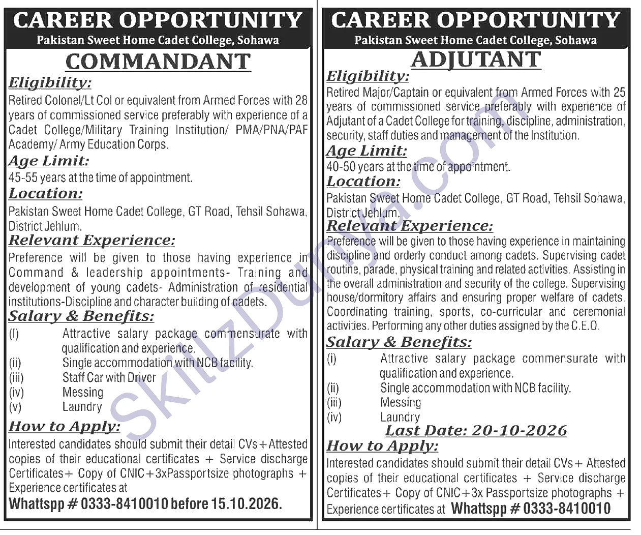 Pakistan Sweet Home Cadet College Sohawa Jhelum — Pakistan Sweet Home Cadet College Sohawa Jobs 2026 — Commandant, Adjutant Pakistan