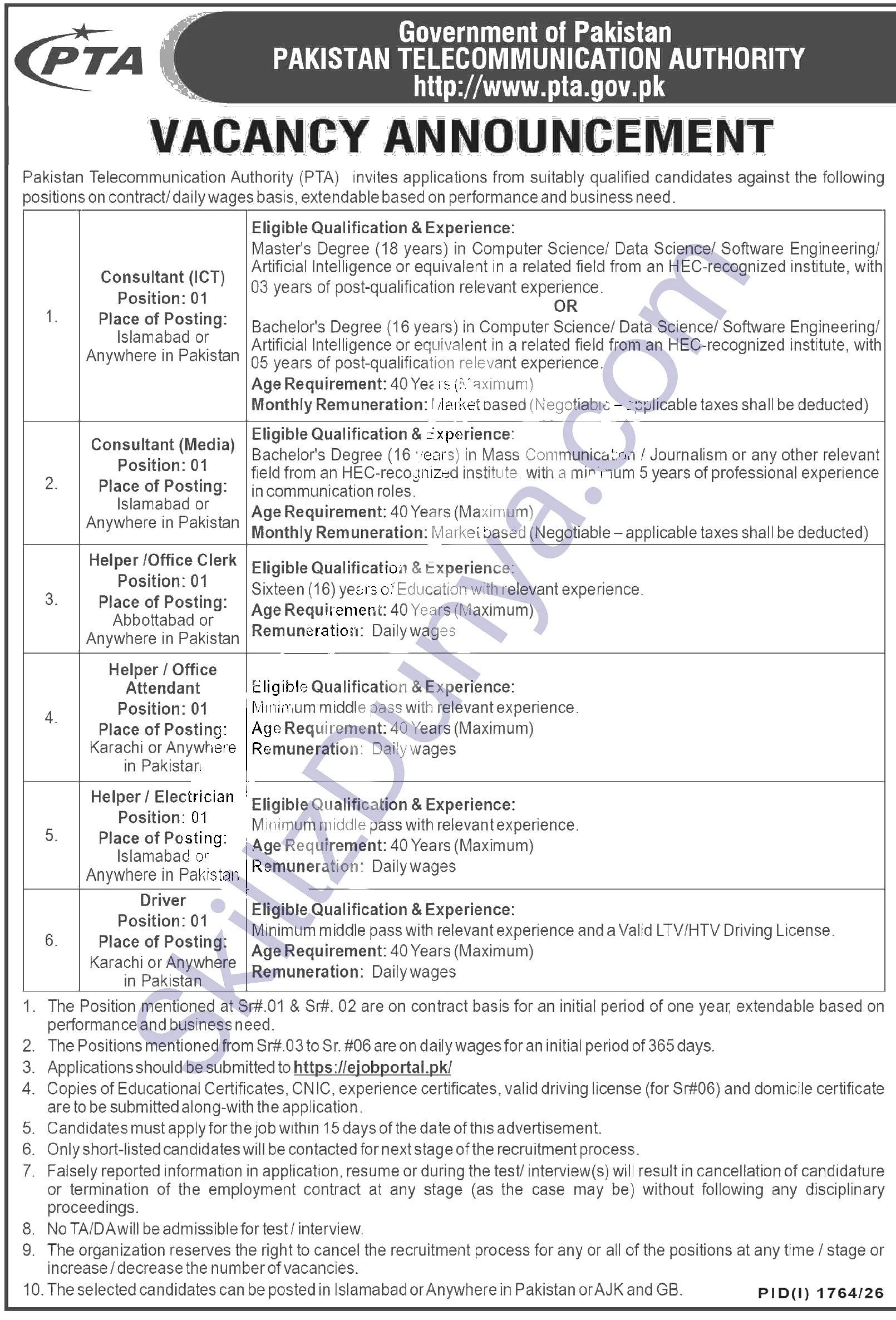 Pakistan Telecommunication Authority (PTA) Islamabad Jobs 2026 — Consultant (ICT), Consultant (Media) & 4 More Posts — Official Newspaper Advertisement | SkillzDunya