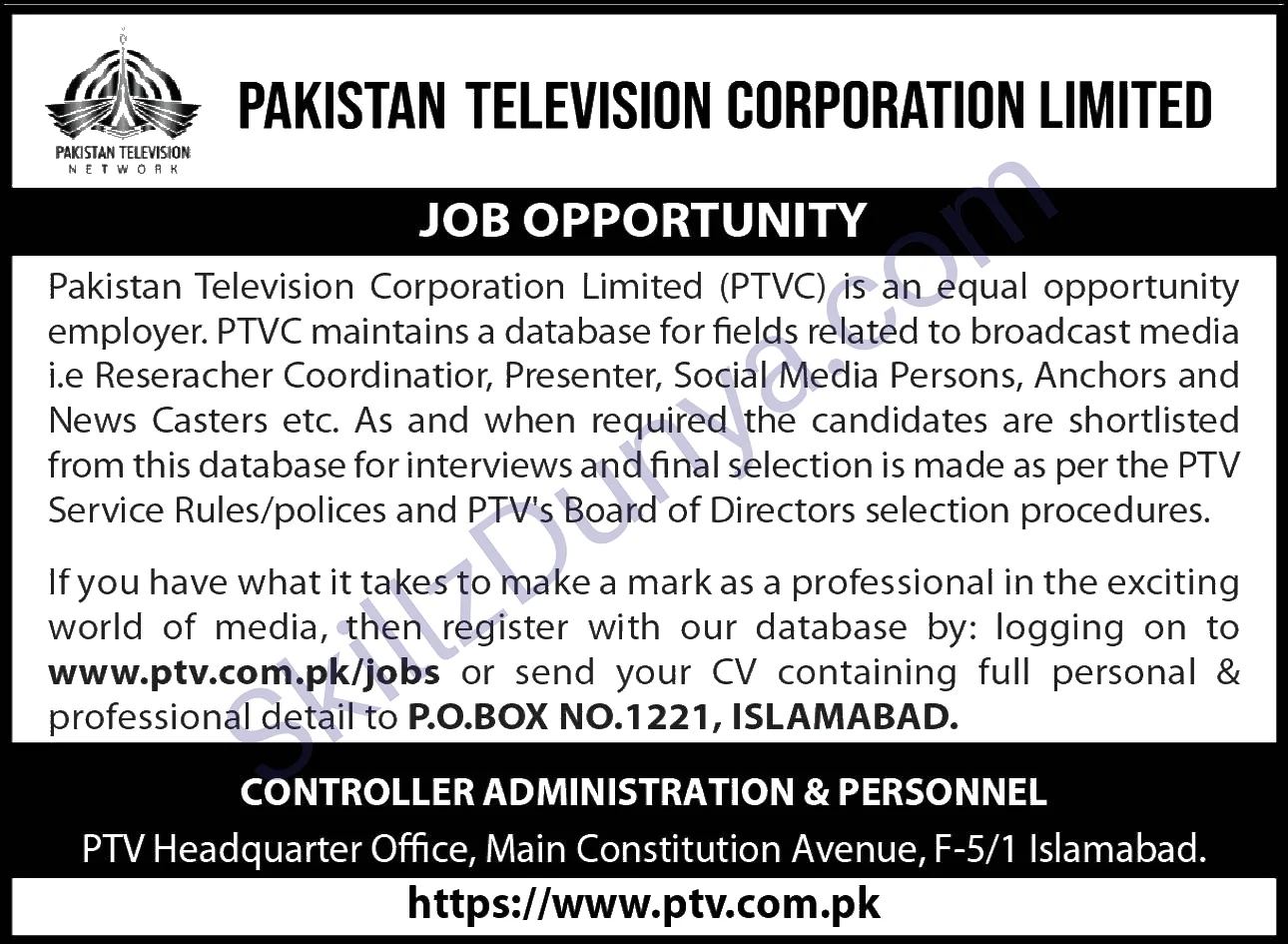 Pakistan Television Corporation (PTV) Islamabad Jobs 2026 — Reseracher Coordinator, Presenter & 2 More Posts — Official Newspaper Advertisement | SkillzDunya
