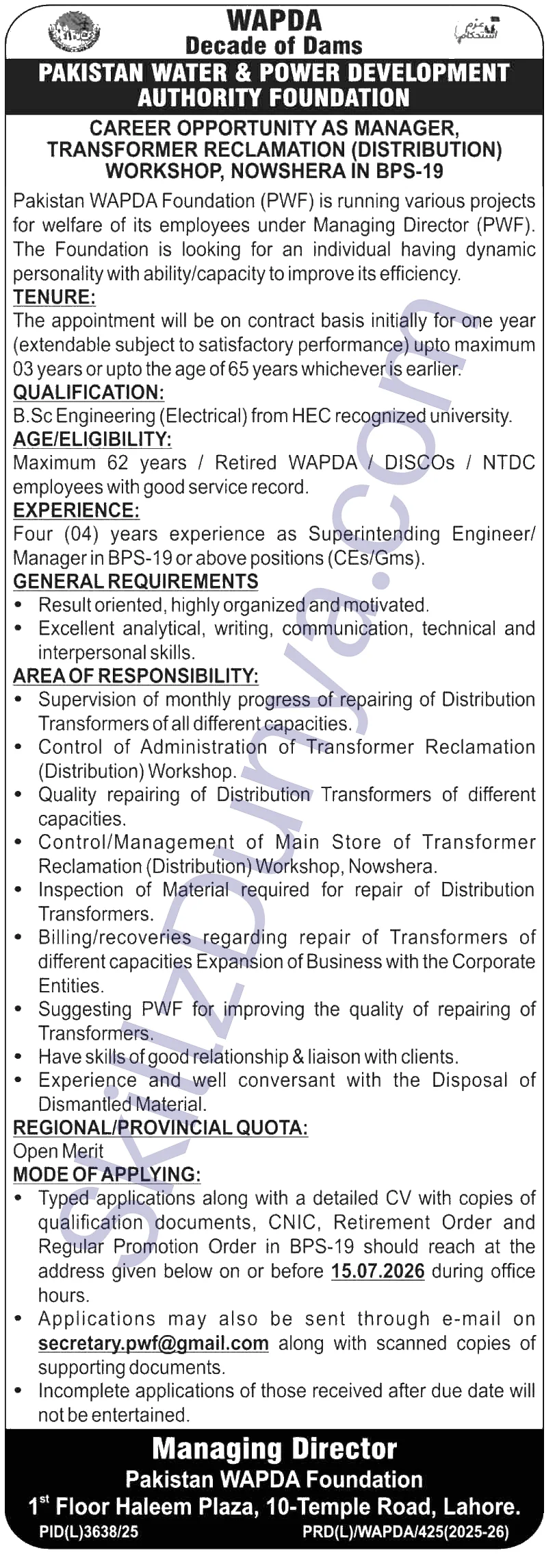 Pakistan Water & Power Development Authority Foundation PWF Jobs 2026 2026 — Official Newspaper Advertisement | SkillzDunya