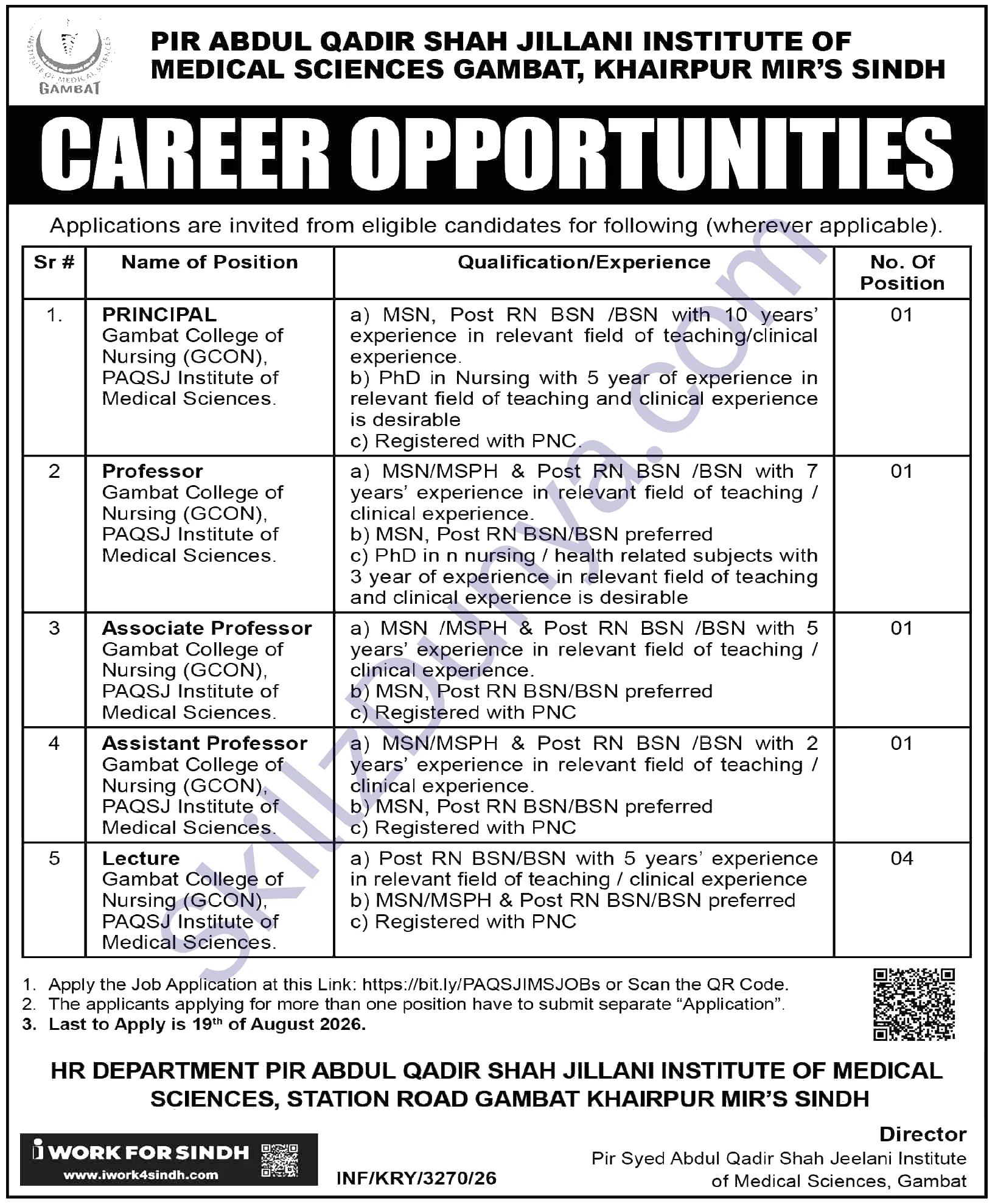 Paqsjims Gambat — PAQSJIMS Gambat Jobs 2026 — Lecturer, Principal & 3 More Posts Pakistan
