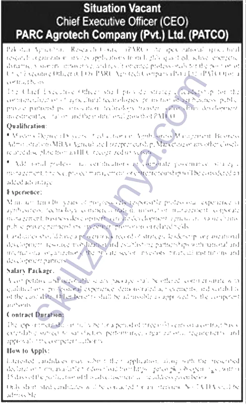 Pakistan Agriculture Research Council (PARC) Jobs 2026 — Chief Executive Officer (CEO) — Official Newspaper Advertisement | SkillzDunya