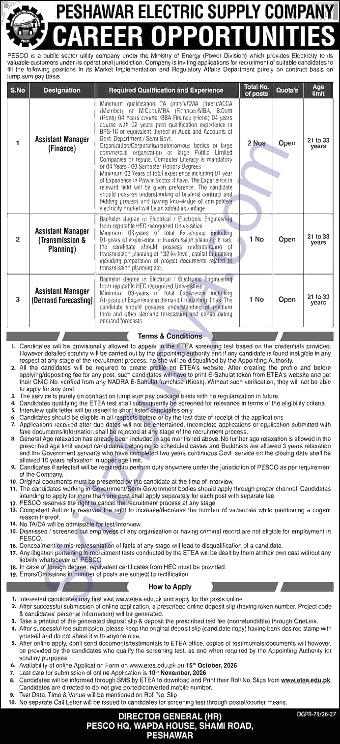 Peshawar Electric Supply Company (PESCO) Jobs 2026 — Assistant Manager (Finance), Assistant Manager (Demand Forecasting) — Official Newspaper Advertisement | SkillzDunya