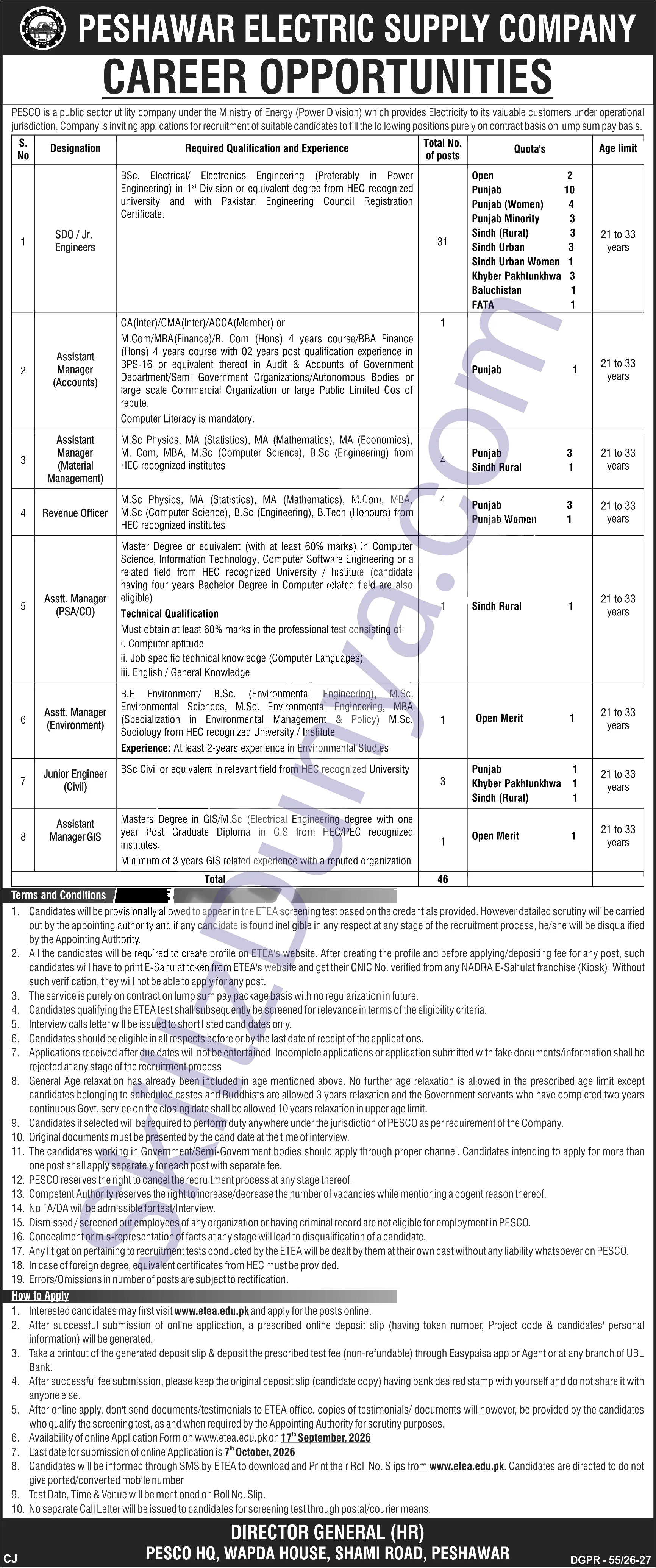 PESCO — Peshawar Electric Supply Company (PESCO) Jobs 2026 — SDO / Jr. Engineers, Assistant Manager (Material Management) & 6 More Posts Pakistan