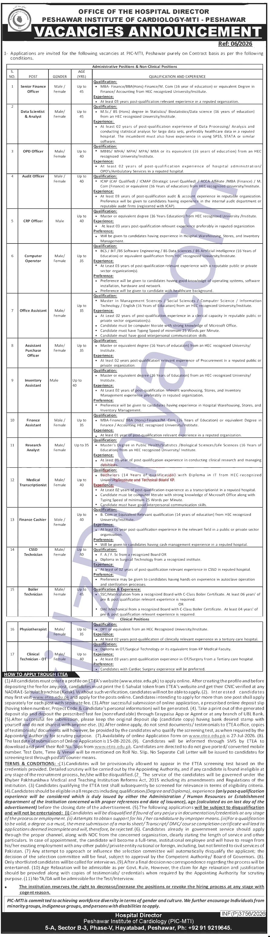 Peshawar Institute of Cardiology PIC-MTI Jobs 2026 — Senior Finance Officer, Data Scientist & Analyst & 15 More Posts — Official Newspaper Advertisement | SkillzDunya