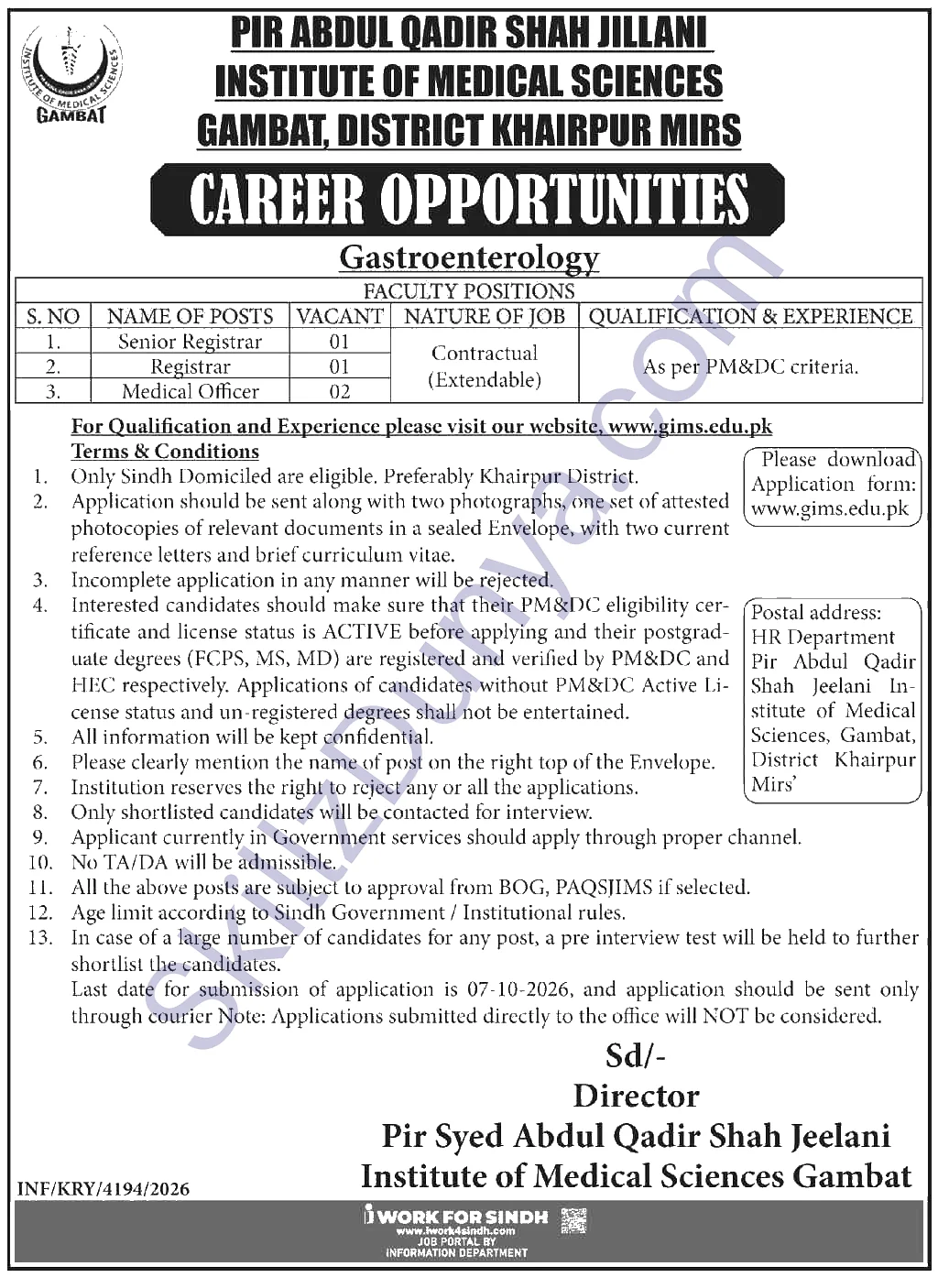 Paqsjims Gambat — PAQSJIMS Gambat Jobs 2026 — Medical Officer, Senior Registrar, Registrar Pakistan