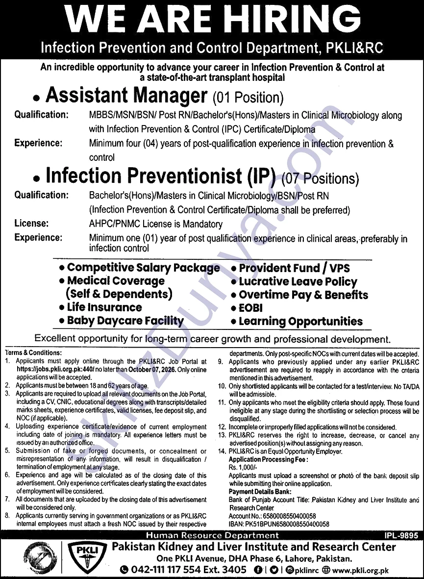 Pakistan Kidney And Liver Institute And Research Center — Pakistan Kidney and Liver Institute and Research Center (PKLI&RC) Lahore Jobs 2026 — Infection Preventionist & Assistant Manager (Infection Prevention and Control) Pakistan