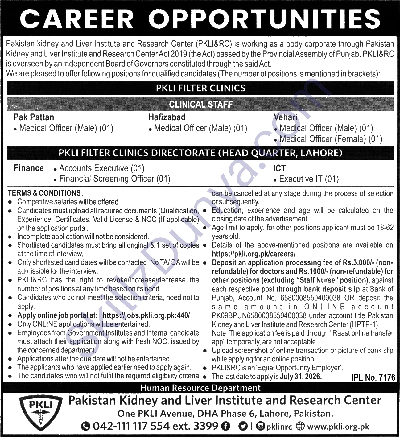 Pkli Lahore — PKLI Lahore Jobs 2026 — Medical Officer (Male), Medical Officer (Female) & 3 More Posts Pakistan