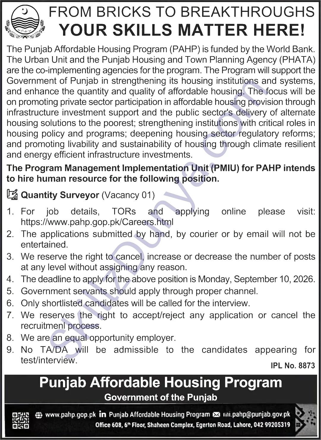Planning and Development Department All Jobs 2026 — Office Assistant, Quantity Surveyor — Official Newspaper Advertisement | SkillzDunya