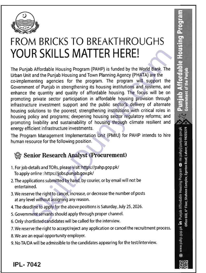 Planning and Development Department All Jobs 2026 — Senior Research Analyst Procurement — Official Newspaper Advertisement | SkillzDunya